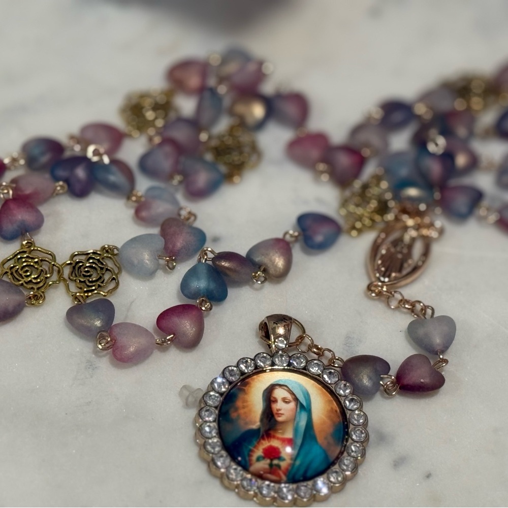 Multicolor Heart Bead Necklace with Religious Pendant